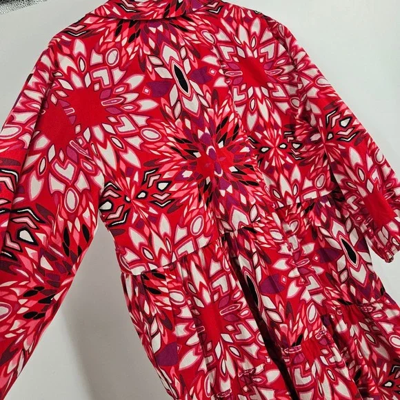 Maeve Anthropologie Bettina Mini Shirt Dress Red Floral Tiered Button Down Sz L - Picture 7 of 9
